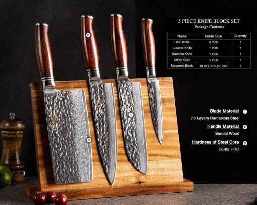 YARENH Cleaver Knife Set with Magnetic Block, Damascus Stainless Steel,73 Layers, 5 Piece Professional Sharp Kitchen Knife Set for Chef, Full Tang, Sandalwood Wood Handle - Image 2
