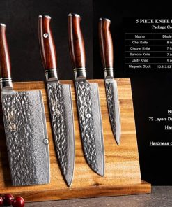 YARENH Cleaver Knife Set with Magnetic Block, Damascus Stainless Steel,73 Layers, 5 Piece Professional Sharp Kitchen Knife Set for Chef, Full Tang, Sandalwood Wood Handle