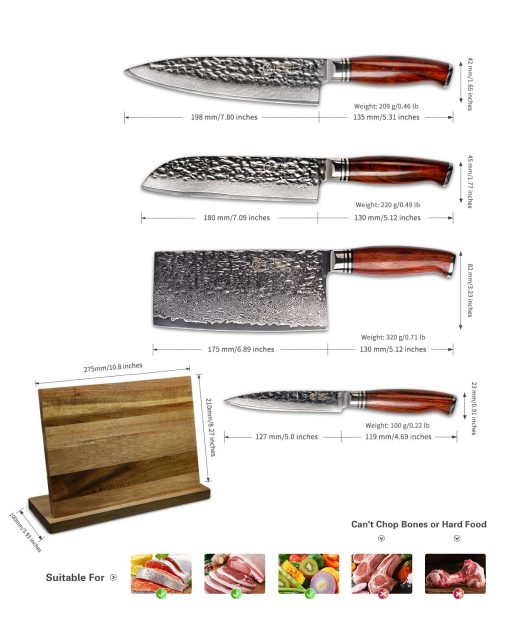 YARENH Cleaver Knife Set with Magnetic Block, Damascus Stainless Steel,73 Layers, 5 Piece Professional Sharp Kitchen Knife Set for Chef, Full Tang, Sandalwood Wood Handle - Image 6