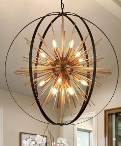 31.5" Black Gold 16-Light Globe Sputnik Chandelier Modern Industrial Adjustable Hanging Ceiling Firework Pendant Light Fixture for Entryway Foyer Stairway Bedroom Dining Living Room Hallway