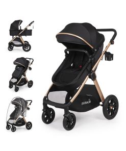 6-in-1 Convertible Baby Stroller with Bassinet Pushchair - Folding Infant Newborn Stroller w/Footmuff, Rain Cover, Cup Holder & Large Storage, Toddler w/All-Scene Large Wheels, Reversible Seat(Black)