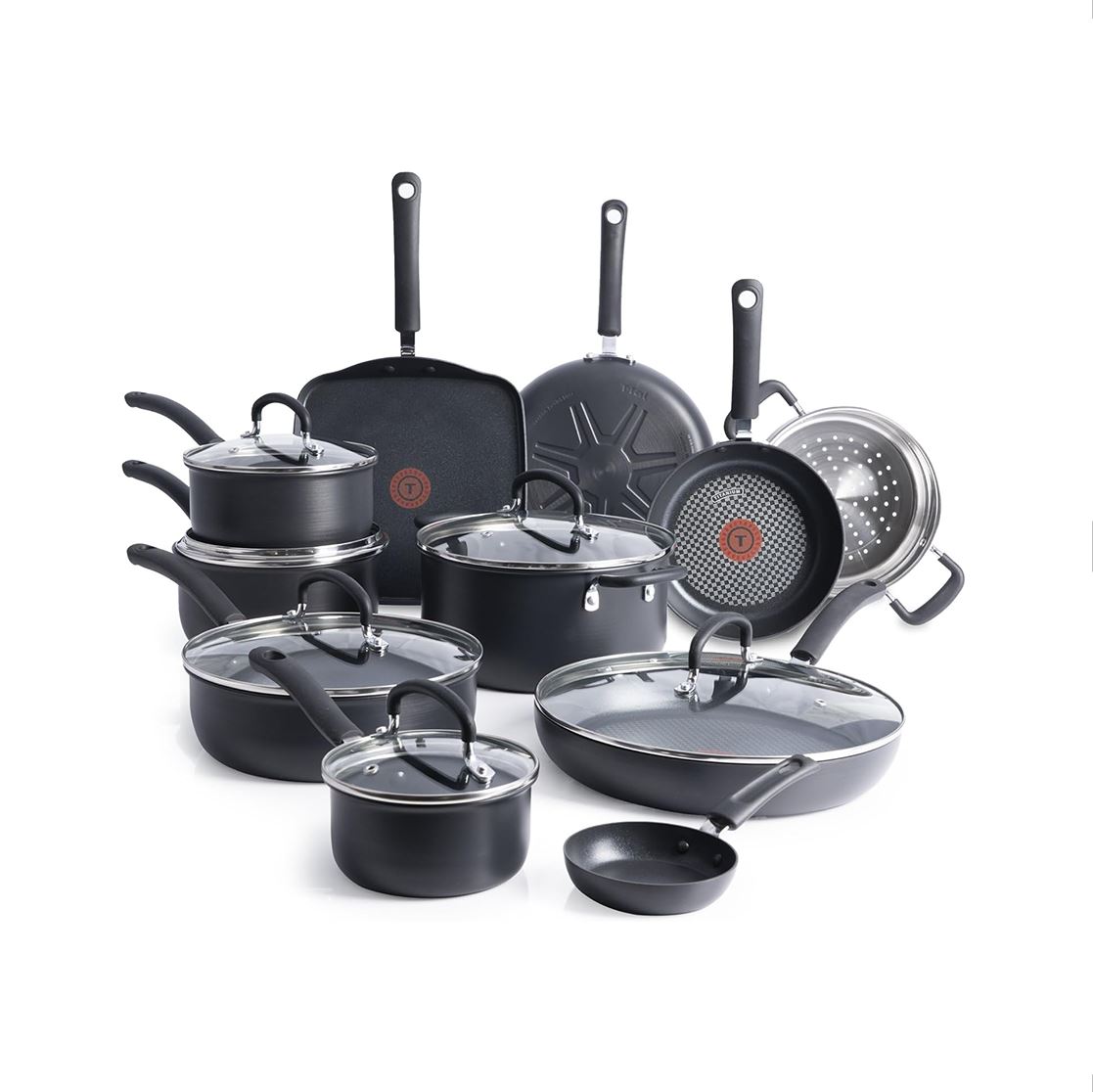 T-Fal Ultimate Hard Anodized Nonstick Cookware Set 17 Piece, Nonstick Pots and Pans Set with Fry Pan, Saucepans, Saute-Pan, Griddle, Dishwasher Safe, Black