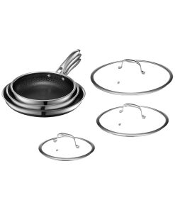 HexClad Hybrid Nonstick 6-Piece Fry Pan Set, 8, 10, and 12-Inch Frying Pans with Tempered Glass Lids, Stay-Cool Handles, Dishwasher-Friendly, Induction Ready, Compatible with All Cooktops