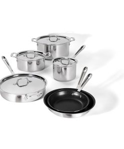 D3 3 Ply Stainless Steel Nonstick Bonded Cookware Set 10 Piece, Oven Broiler Safe 600F, Kitchen Cooking Set w/Frying Pan, Sauce Pan, Saute Pan, Stockpot, Professional Pots & Pans Set Silver