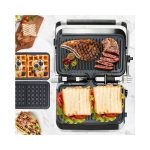 Panini Waffle Maker Combo | Panini Grill Press Sandwich Maker, Smokeless Indoor Grill, 1600W, 180° Open, Removable Plates, Stainless Steel, Ideal Kitchen Gift for Steak, Hamburger, Waffle