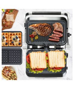 Panini Waffle Maker Combo | Panini Grill Press Sandwich Maker, Smokeless Indoor Grill, 1600W, 180° Open, Removable Plates, Stainless Steel, Ideal Kitchen Gift for Steak, Hamburger, Waffle