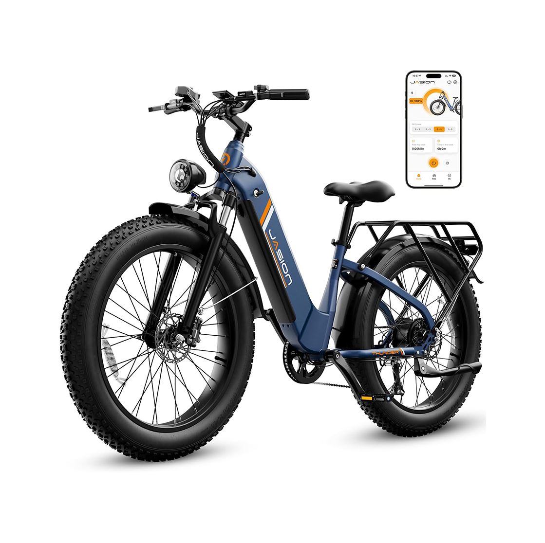 Jasion Thunder Electric Bike, 1500W Peak Motor, 30+MPH Max Speed & 80 Miles with 864Wh Removable Battery, APP Control Ebike for Adults, Hydraulic Brakes, Front Suspension, 26'' x 4'' Fat Tire Bicycles