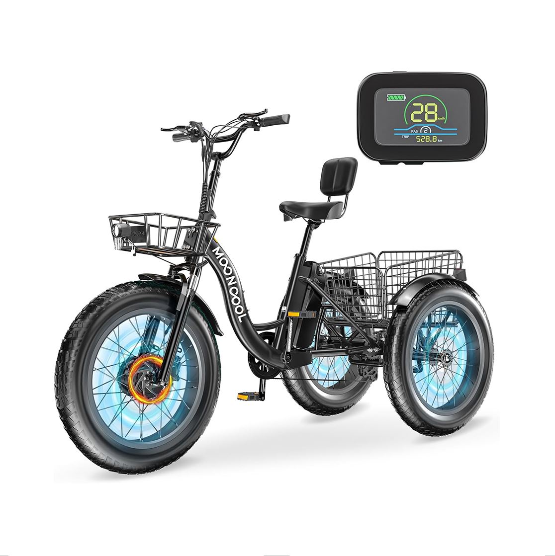 MOONCOOL Electric Tricycle for Adults, 20" x 4" Fat Tire Electric Trike, 48V 500W Motorized Electric Bicycle Bikes, 3 Wheels 7 Speed Ebike with Removable Battery, Aluminum Frame & Large Basket