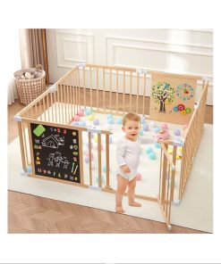 All-in-one Wood Baby Playpen with Door, Adjustable Wooden Play Fence with Magnetic Dual-Sided Chalkboard, Whiteboard & Montessori Activity Toys, Expandable Activity Center Safe Playard for Babies 3M+