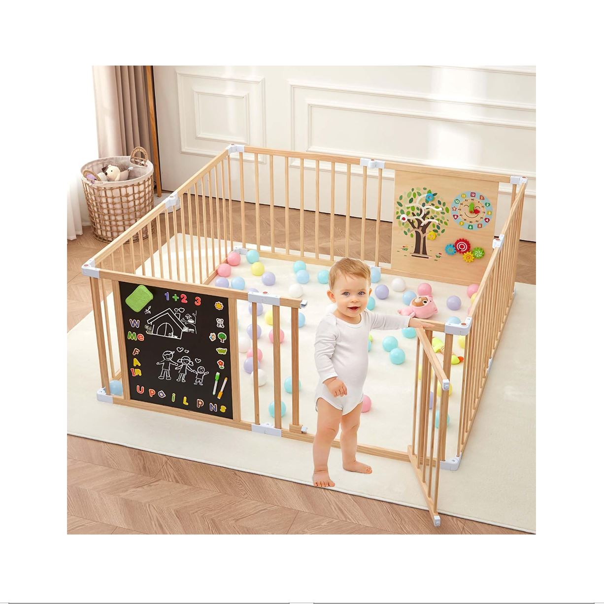 All-in-one Wood Baby Playpen with Door, Adjustable Wooden Play Fence with Magnetic Dual-Sided Chalkboard, Whiteboard & Montessori Activity Toys, Expandable Activity Center Safe Playard for Babies 3M+