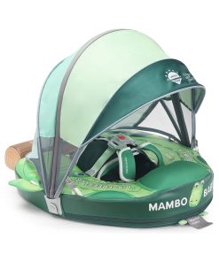 Mambobaby Float Upgrade Add Tail Baby Float with Canopy for Infant Waist Swimming Ring Swim Trainer Non-Inflatable Floats Toys with Adjustable Safety Strap (Green - Crocodiles)