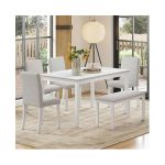 6-Piece Solid Wood Dining Table Set, Including 1 Dining Table, 4 Upholstered Chairs and 1 Bench, Wooden Legs Dining Table Set for Dining Room, Kitchen, Restaurant, White Diamond