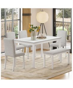 6-Piece Solid Wood Dining Table Set, Including 1 Dining Table, 4 Upholstered Chairs and 1 Bench, Wooden Legs Dining Table Set for Dining Room, Kitchen, Restaurant, White Diamond