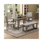 Merax Farmhouse Wooden Dining Set of 6, 59.6 inch Kitchen Table with Trestle Base, 4 Upholstered Chairs and 1 Bench, Easy Assemble Gray
