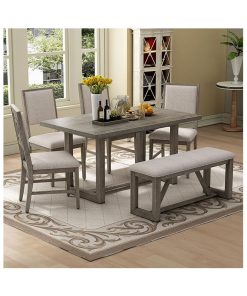 Merax Farmhouse Wooden Dining Set of 6, 59.6 inch Kitchen Table with Trestle Base, 4 Upholstered Chairs and 1 Bench, Easy Assemble Gray