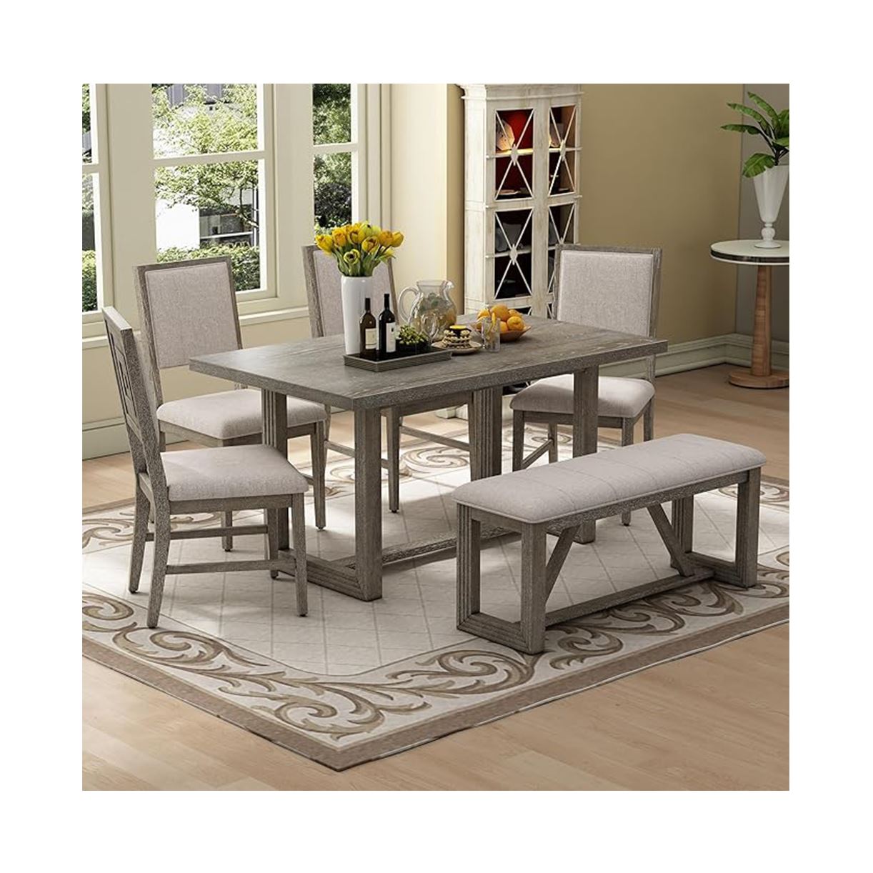 Merax Farmhouse Wooden Dining Set of 6, 59.6 inch Kitchen Table with Trestle Base, 4 Upholstered Chairs and 1 Bench, Easy Assemble Gray
