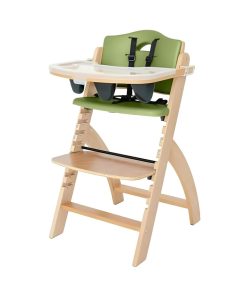 Abiie Beyond Junior Wooden High Chair with Tray - Adjustable and Convertible High Chair for Babies and Toddlers - 6 Months to 250 Lb - Water Resistant - Natural Wood/Olive Cushion