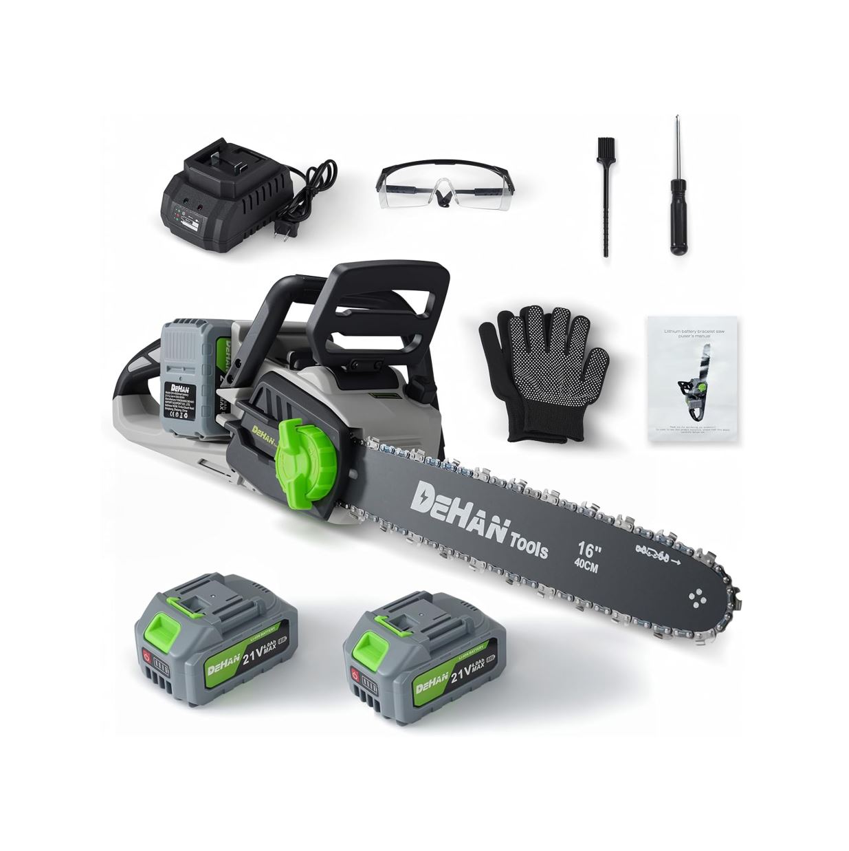 16 Inch Brushless Chainsaw with 2 x 4.0Ah 21V Battery, Tool-Free Chain Tensioning, Instant Chain Brake & Transparent Oil Tank – Tools for Tree Trimming & Wood Cutting