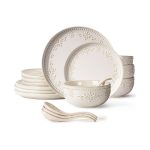 Artena Plates And Bowls Sets, 16 Pieces Dinnerware Sets, Dish Set For 4, Ceramic Kitchen Bowl And Plate Set, Embossed White Dishware Sets, Dishwasher & Microwave Safe (Damask Floral)