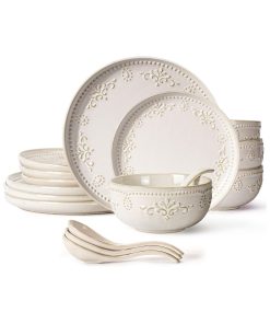 Artena Plates And Bowls Sets, 16 Pieces Dinnerware Sets, Dish Set For 4, Ceramic Kitchen Bowl And Plate Set, Embossed White Dishware Sets, Dishwasher & Microwave Safe (Damask Floral)