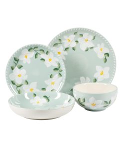 Bloomhouse Magnolia Bloom 16 Piece Double Bowl Hand Painted Stoneware Plates and Bowls Floral Dinnerware Set