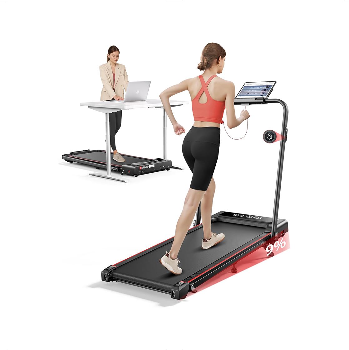 4 In 1 Foldable Walking Pad Treadmill with Incline and Handle Bar, 2.5HP with Dual Display and Mute Control Under Desk Treadmills for Home with App Bluetooth Folding Treadmill for Small Space