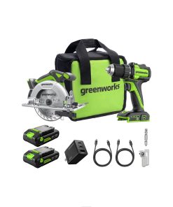 Greenworks 24V Cordless Brushless 400 in-lbs Drill/Driver + 6.5" Circular Saw, 4,800 RPM, Cutting Depth 45°/90° (2) 2.0Ah USB-C Batteries(12,000mAh Power Bank) and 65W USB-C Fast Charger(3-Port)