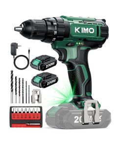 KIMO 20V Cordless Drill Set with 2 Packs 2.0Ah Battery, Max 350 In-lb Torque, 1350 RPM, 3/8" Keyless Chuck, 18+2 Clutch Setting, 18pcs Accessories, Power Drill for Drilling Wood Bricks Walls Metal