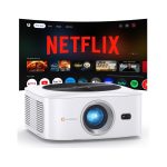 1500 ANSI Official Licensed Netflix Outdoor Projector 4K Full HD, Smart Projector with Wifi and Bluetooth, Auto Focus, Dolby Sound, Built-in Apps, HAPPRUN Indoor Home Theater for Phone/PC/PS5
