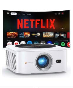 1500 ANSI Official Licensed Netflix Outdoor Projector 4K Full HD, Smart Projector with Wifi and Bluetooth, Auto Focus, Dolby Sound, Built-in Apps, HAPPRUN Indoor Home Theater for Phone/PC/PS5