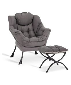 LITA Lazy Chair with Ottoman, Modern Accent Leisure Upholstered Lazy Sofa Armchair, Contemporary Lounge Reading Chair with Armrests and a Side Pocket for Living Room, Bedroom & Small Space, Dark Grey