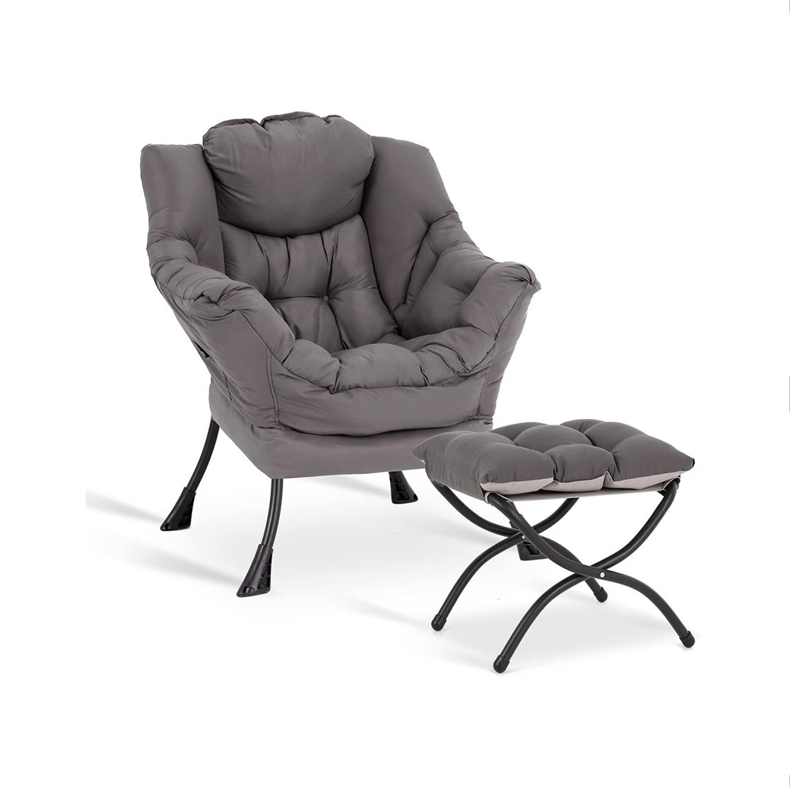 LITA Lazy Chair with Ottoman, Modern Accent Leisure Upholstered Lazy Sofa Armchair, Contemporary Lounge Reading Chair with Armrests and a Side Pocket for Living Room, Bedroom & Small Space, Dark Grey