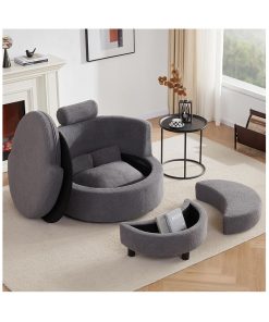 Swivel Accent Barrel Chair for Living Room, Oversized Swivel Round Chair with Storage, Chaise Lounge with Removable Pillows & Half-Moon Ottoman, Modern 360° Accent (Fabric Grey)