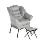 HOMCOM Modern Lazy Chair with Ottoman, Fabric Lounge Accent Chair, Leisure Sofa Armchair with Armrests, Side Pockets, Upholstered Reading Chair and Footstool Set for Living Room, Bedroom, Light Gray