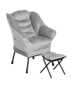 HOMCOM Modern Lazy Chair with Ottoman, Fabric Lounge Accent Chair, Leisure Sofa Armchair with Armrests, Side Pockets, Upholstered Reading Chair and Footstool Set for Living Room, Bedroom, Light Gray