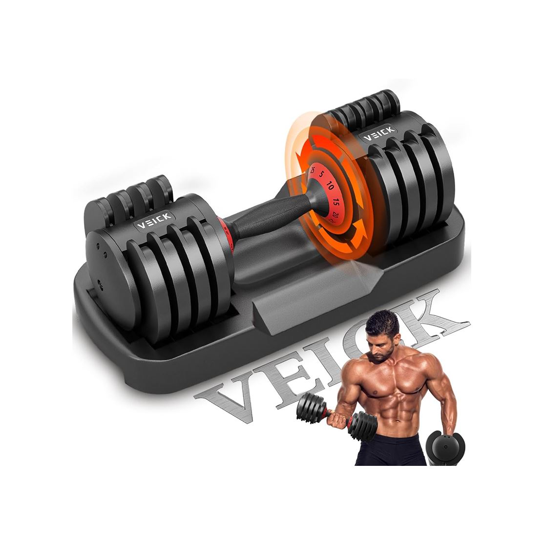 VEICK 25/55 lbs Adjustable Dumbbell with Anti-Slip Turning Handle, Fast Adjust Weight for Men Women, Exercise Equipment with Tray for Home Gym Full Body Workout Fitness