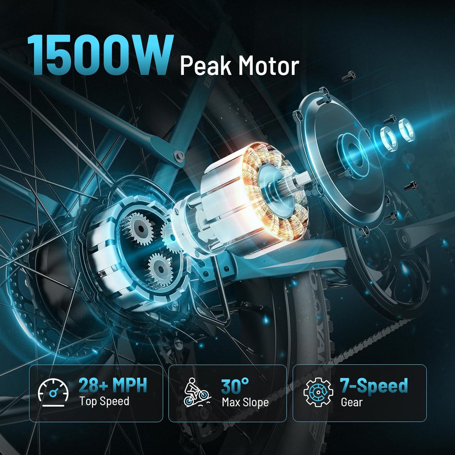 Jasion EB5 MAX Electric Bike for Adults with 1500W Peak Motor, 48V 15Ah (720Wh) Battery Electric Mountain Bike, 26'' x 4'' Fat Tire Ebike, 28+MPH Speed, Cruise Control, with Fenders, Rear Rack - Image 2