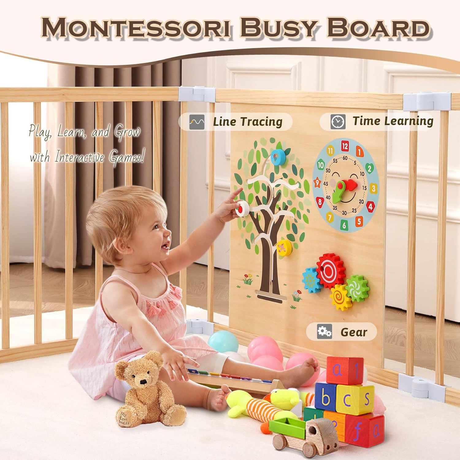 All-in-one Wood Baby Playpen with Door, Adjustable Wooden Play Fence with Magnetic Dual-Sided Chalkboard, Whiteboard & Montessori Activity Toys, Expandable Activity Center Safe Playard for Babies 3M+ - Image 2