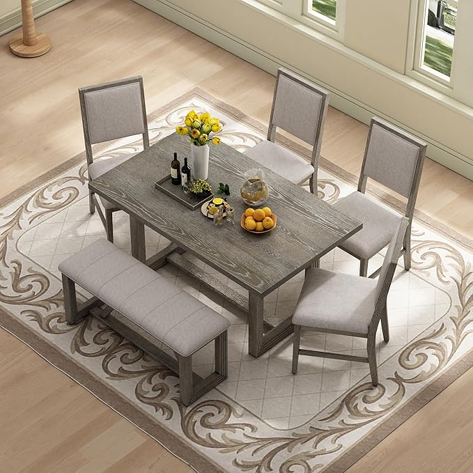 Merax Farmhouse Wooden Dining Set of 6, 59.6 inch Kitchen Table with Trestle Base, 4 Upholstered Chairs and 1 Bench, Easy Assemble Gray - Image 2