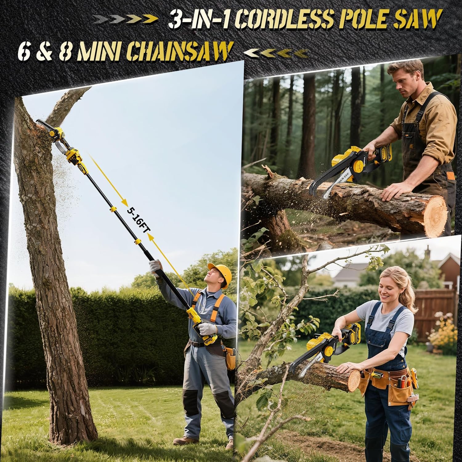 3-in-1 Electric Pole Saws for Tree Trimming, 8"&6" Mini Chainsaw with Extension Pole Total Reach of Max 15.58ft, 1000W Brushless Motor, Cordless Pole Saw Auto Oiling, 2×4.0Ah Battery, for Wood Cutting - Image 2