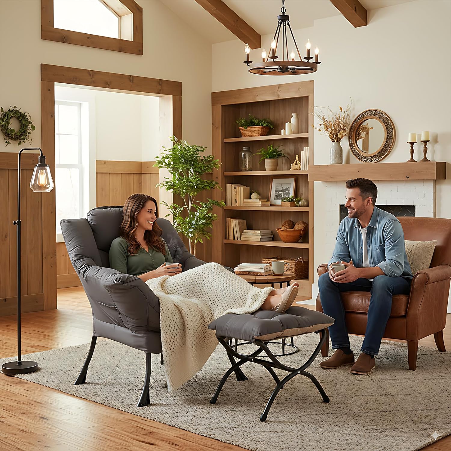 LITA Lazy Chair with Ottoman, Modern Accent Leisure Upholstered Lazy Sofa Armchair, Contemporary Lounge Reading Chair with Armrests and a Side Pocket for Living Room, Bedroom & Small Space, Dark Grey - Image 2