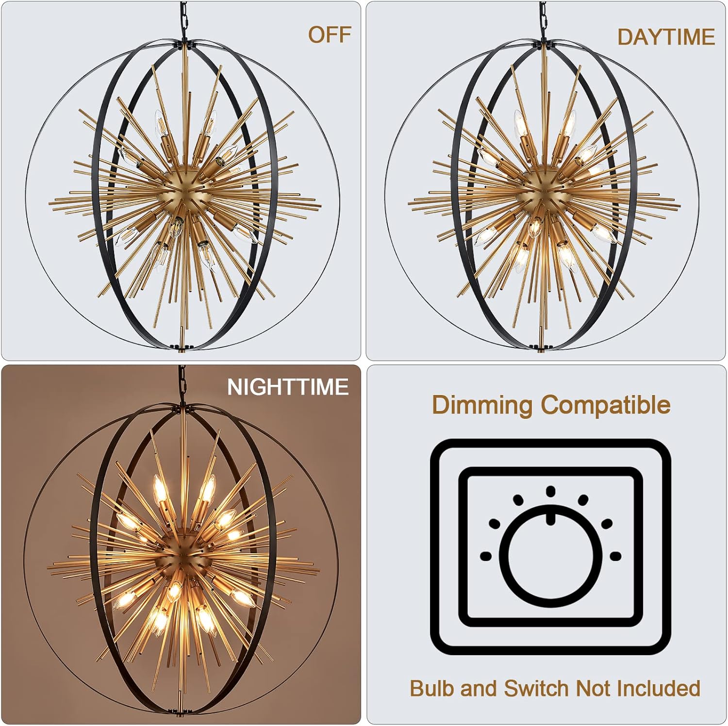 31.5" Black Gold 16-Light Globe Sputnik Chandelier Modern Industrial Adjustable Hanging Ceiling Firework Pendant Light Fixture for Entryway Foyer Stairway Bedroom Dining Living Room Hallway - Image 2