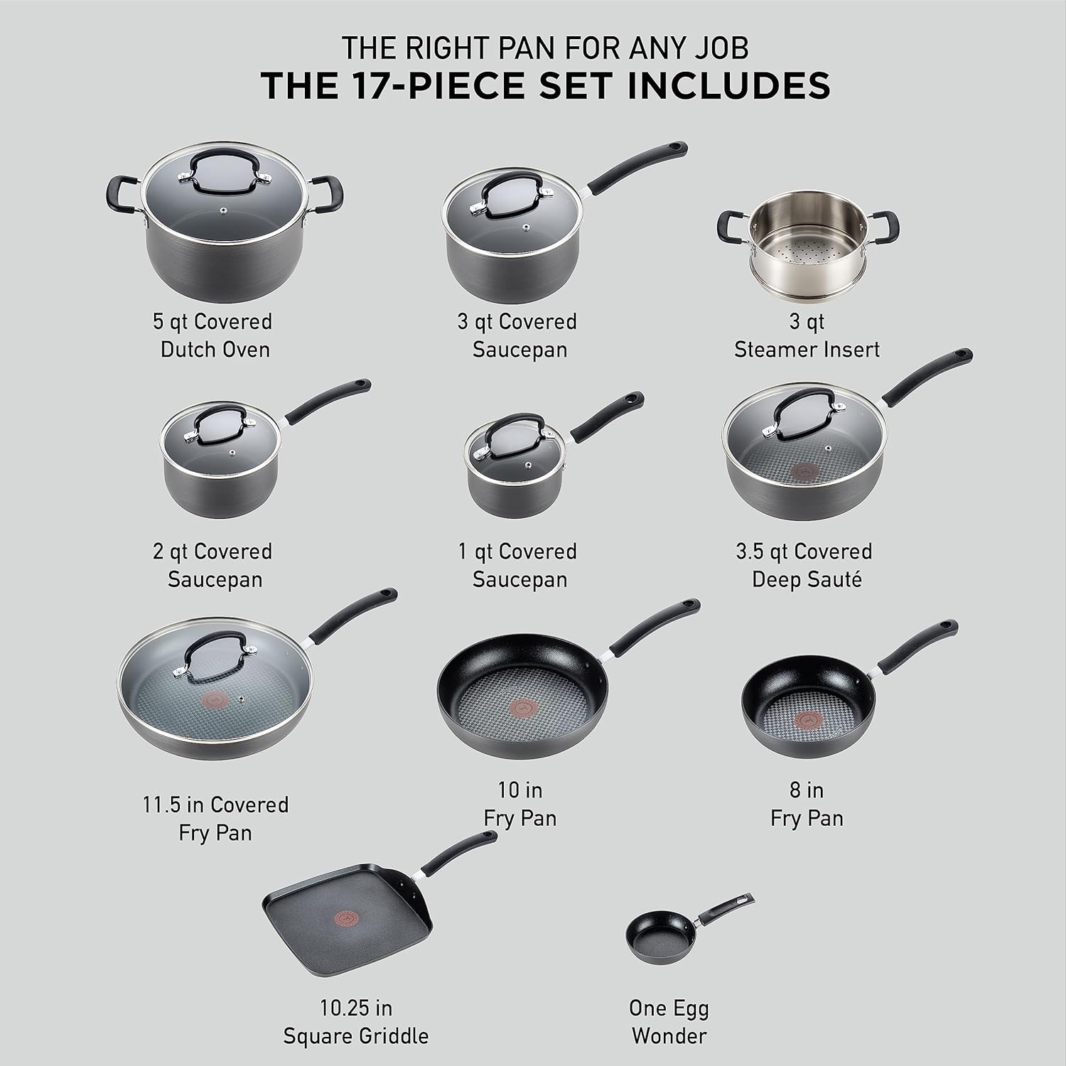T-Fal Ultimate Hard Anodized Nonstick Cookware Set 17 Piece, Nonstick Pots and Pans Set with Fry Pan, Saucepans, Saute-Pan, Griddle, Dishwasher Safe, Black - Image 2