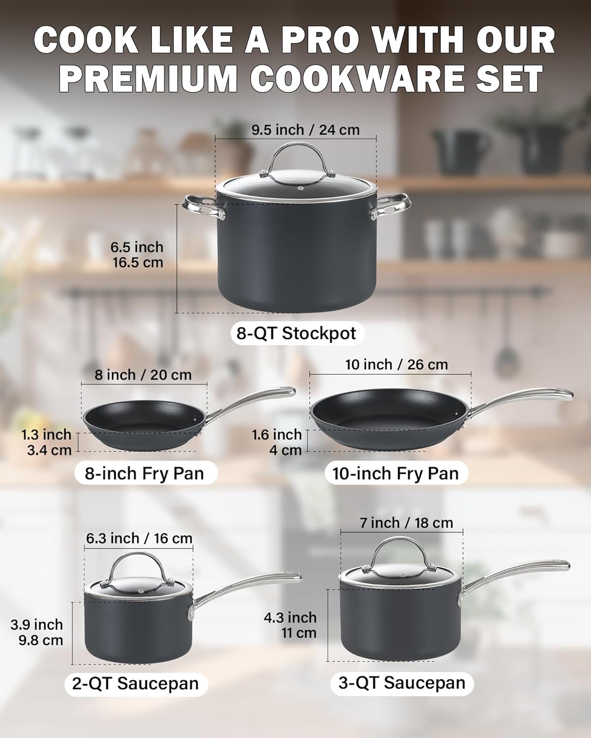 Cooks Standard 8-Piece Nonstick Hard Anodized Cookware Set, Pots and Pans Set Includes Saucepans, Stockpot, Frying Pans, Lids, Black - Image 2
