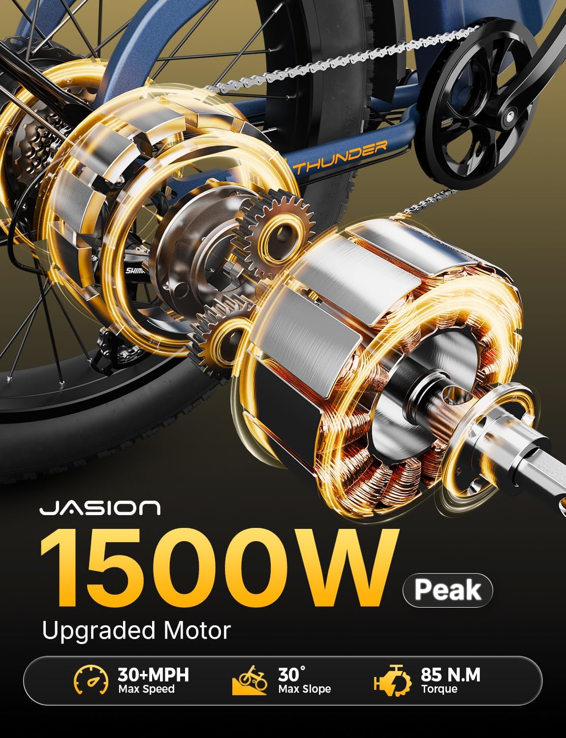 Jasion Thunder Electric Bike, 1500W Peak Motor, 30+MPH Max Speed & 80 Miles with 864Wh Removable Battery, APP Control Ebike for Adults, Hydraulic Brakes, Front Suspension, 26'' x 4'' Fat Tire Bicycles - Image 3