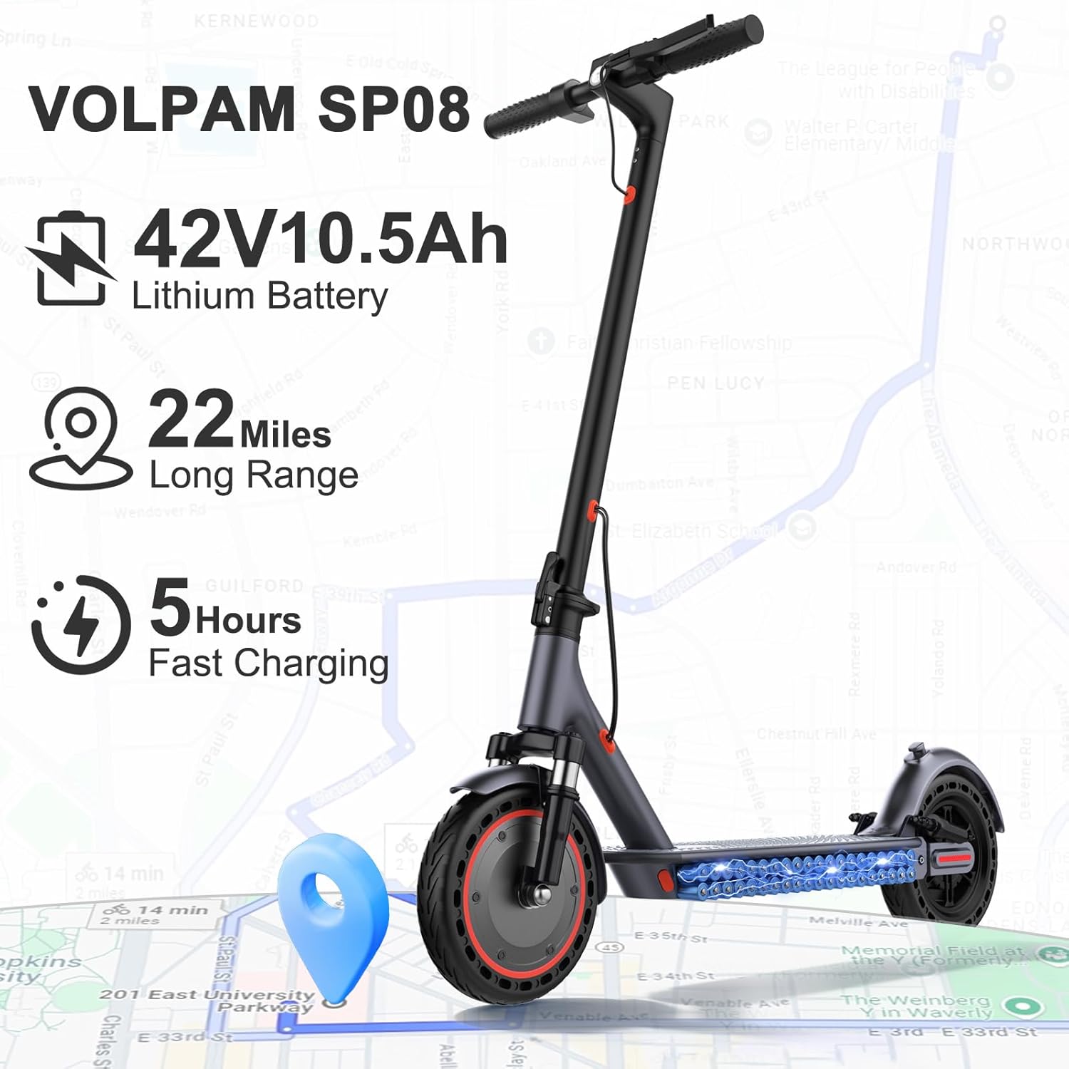 VOLPAM Electric Scooter, 250W/350W/500W Powerful Motor, 6.5"/8.5"/10" Solid Tires, 9/19/22Mph, 28/21/12/10 Miles Range,Dual Braking - Image 3