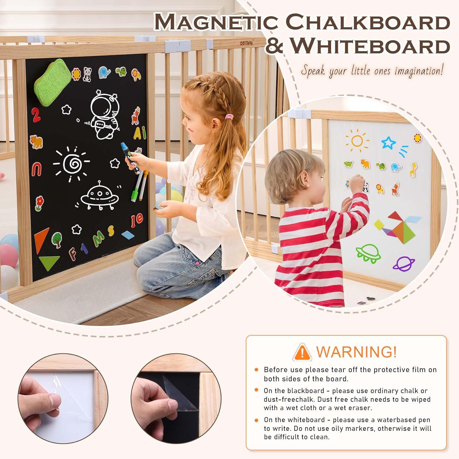 All-in-one Wood Baby Playpen with Door, Adjustable Wooden Play Fence with Magnetic Dual-Sided Chalkboard, Whiteboard & Montessori Activity Toys, Expandable Activity Center Safe Playard for Babies 3M+ - Image 3