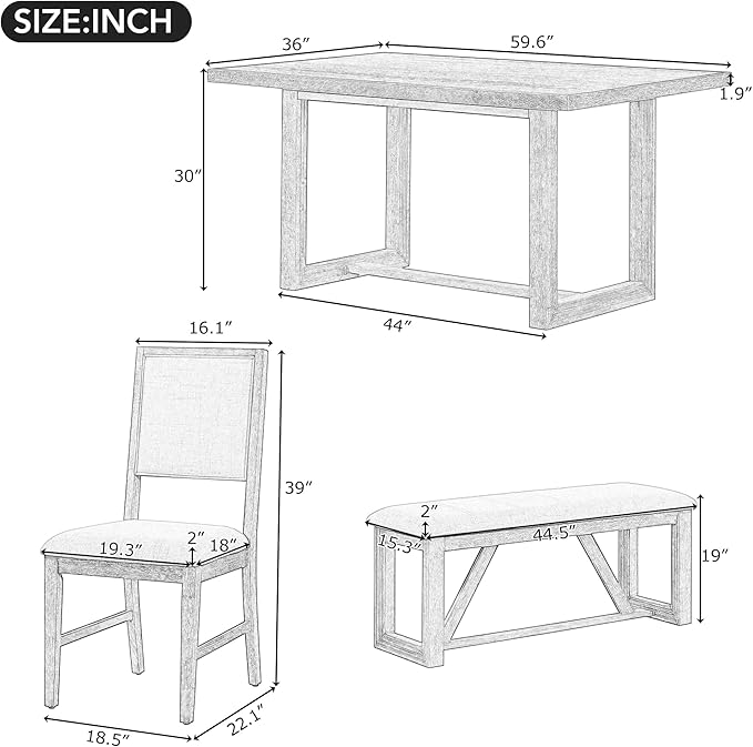 Merax Farmhouse Wooden Dining Set of 6, 59.6 inch Kitchen Table with Trestle Base, 4 Upholstered Chairs and 1 Bench, Easy Assemble Gray - Image 3