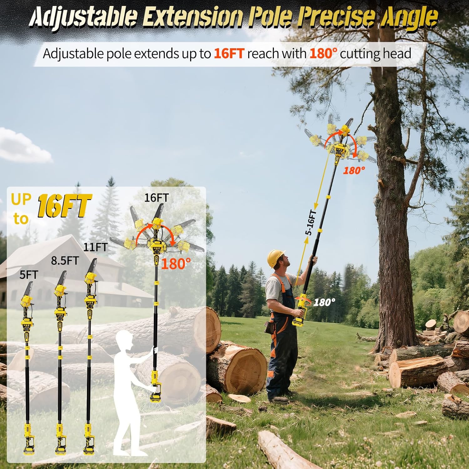 3-in-1 Electric Pole Saws for Tree Trimming, 8"&6" Mini Chainsaw with Extension Pole Total Reach of Max 15.58ft, 1000W Brushless Motor, Cordless Pole Saw Auto Oiling, 2×4.0Ah Battery, for Wood Cutting - Image 3