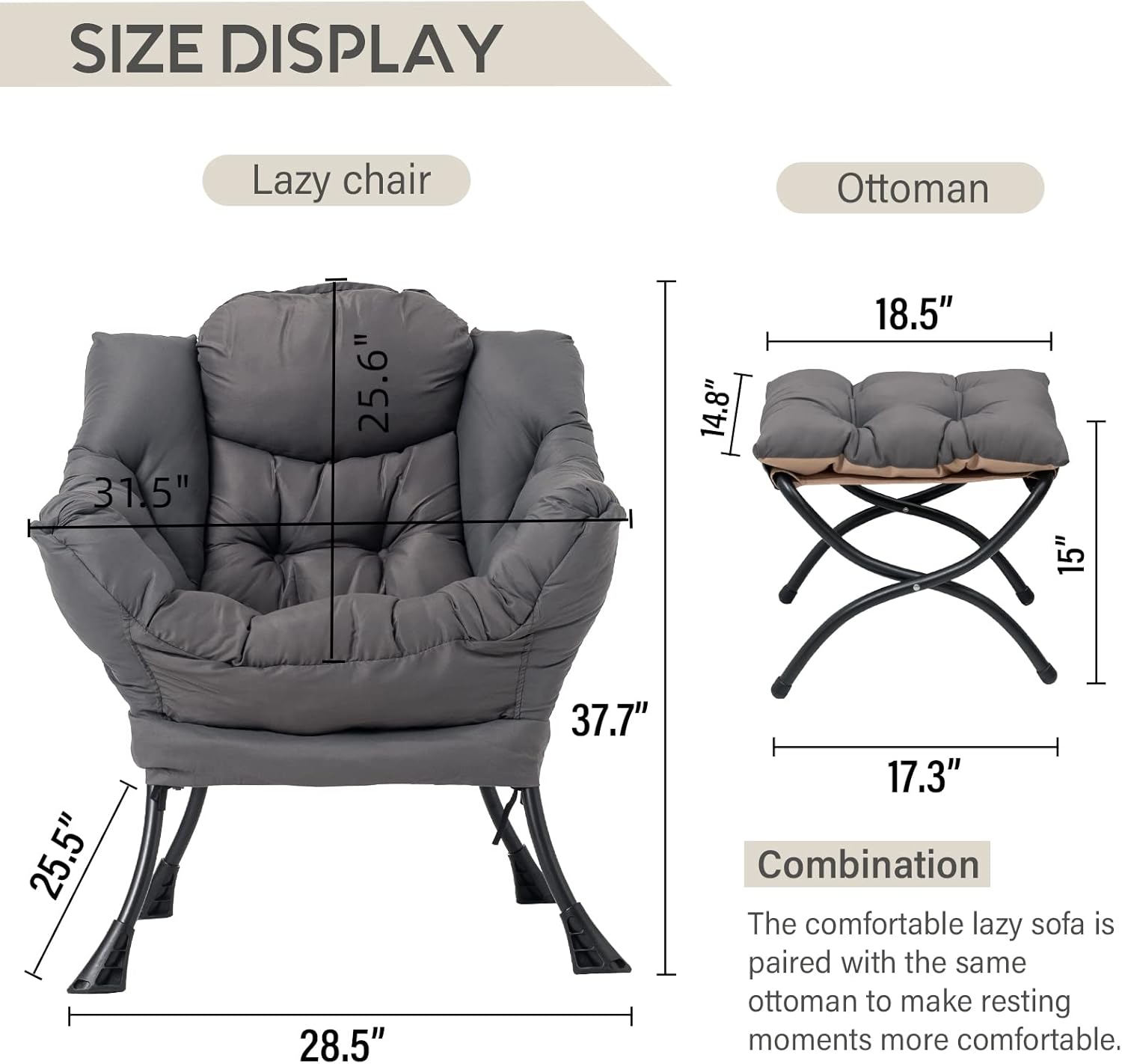 LITA Lazy Chair with Ottoman, Modern Accent Leisure Upholstered Lazy Sofa Armchair, Contemporary Lounge Reading Chair with Armrests and a Side Pocket for Living Room, Bedroom & Small Space, Dark Grey - Image 3